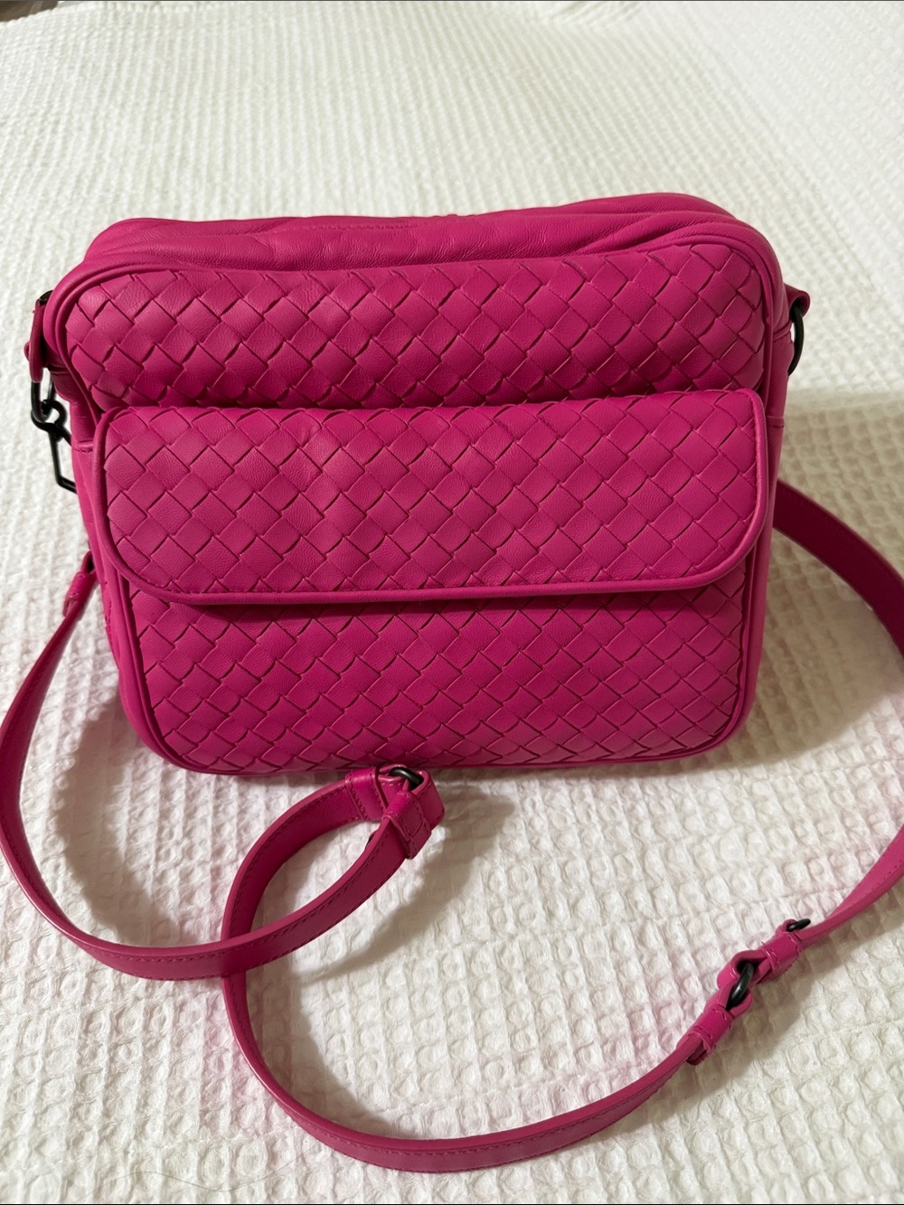 Bottega Veneta Fuchsia Woven Leather Crossbody Bag